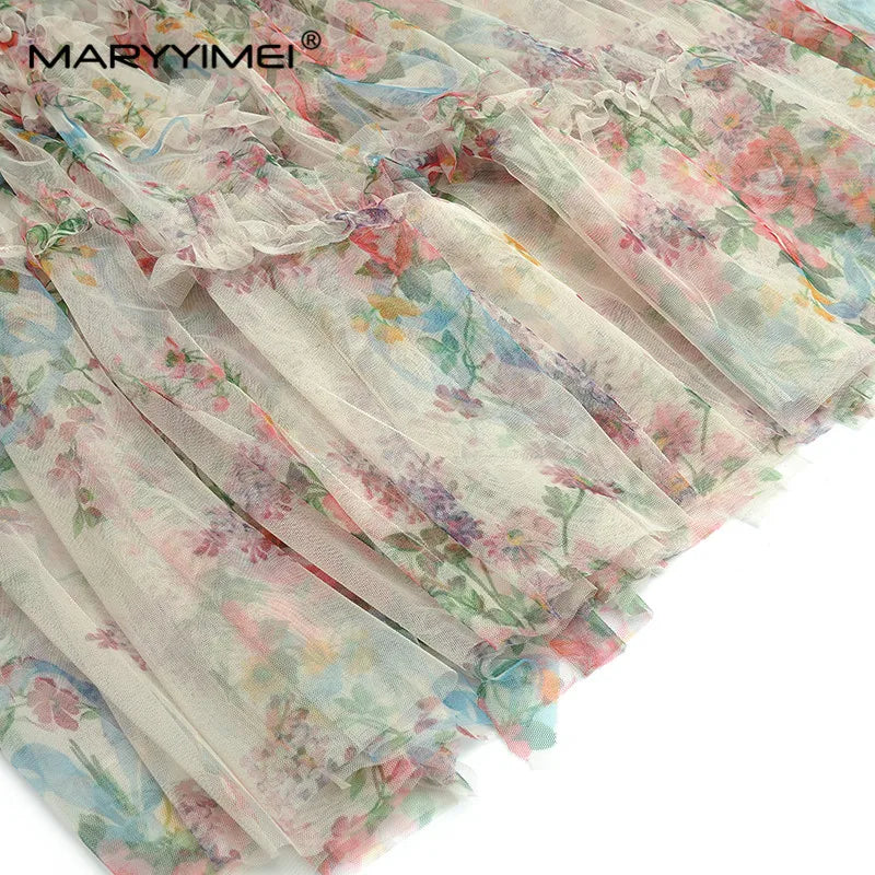 Evening wear Dresses: Women's dress Lantern Sleeve Mesh Print Cascading