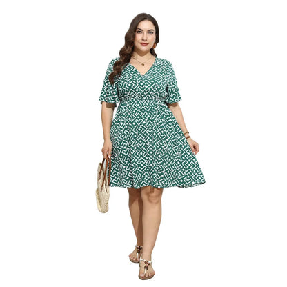 Plus size Hot selling oversized geometric pattern printed dress, casual loose V-neck midi skirt