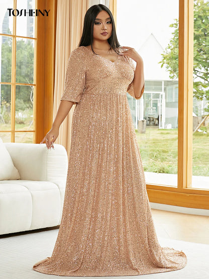 Tosheiny Plus Size V Neck Sequin Dress Fashionable Summer Dresses Apricot Wedding Evening Dress