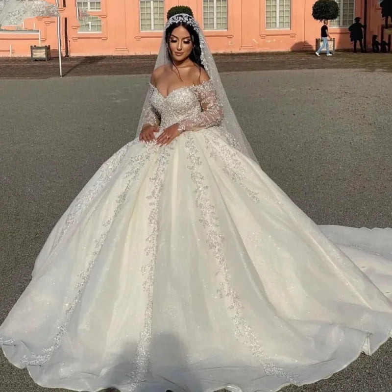 White Bridesmaid Dresses: Elegant Off The Shoulder Bridal Dress Sparkly Sequins