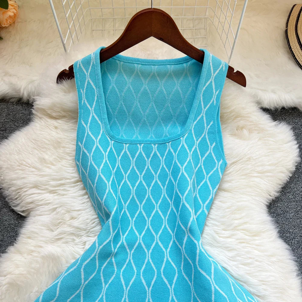 YuooMuoo Brand Fashion A-line Short Women Dress Elegant Y2K Geometric Knitted Summer Dress Female Harajuku Black Party Vestidos