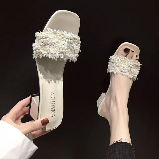 Summer 2023 White Crystals Shoes Rhenstone Slides Job Jewels Women's Slippers and Ladies Sandals High Up To 5cm Heel Sexy Shoe I