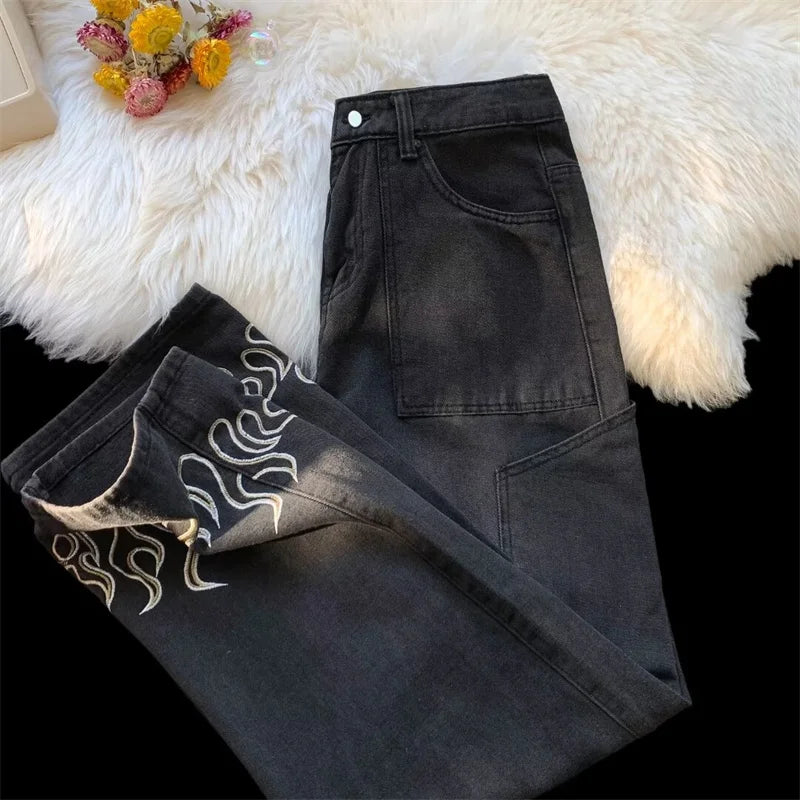Y2K Printed Jeans For Men Baggy Streetwear Wide Leg Denim Trousers