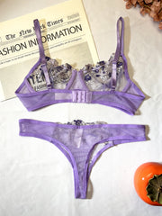 Purple Lingerie Woman Lace Transparent Underwear Fairy Embroidery Brief Sets