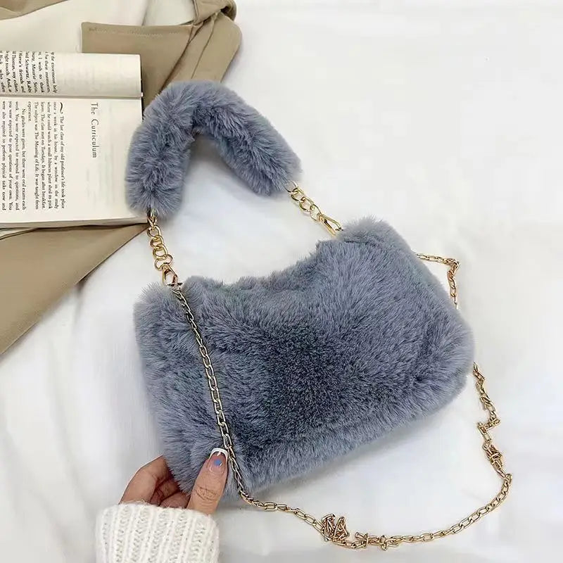 Winter Plush Tote Handbag Versatile Fluffy Shoulder Bag Soft Cute Chain Crossbody Bag