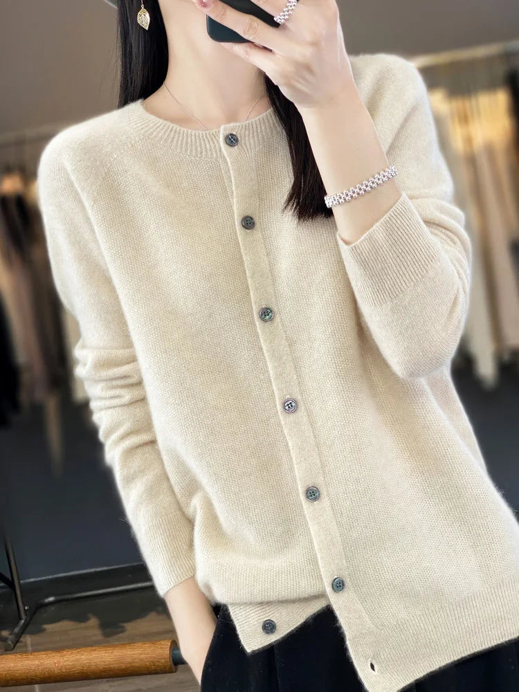 Long Sleeve 100% Merino Wool Sweaters Cashmere Cardigan Spring Autumn Women