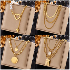 316L Stainless Steel Gold Color Heart Pearl Pendant Necklace For Women Punk Street