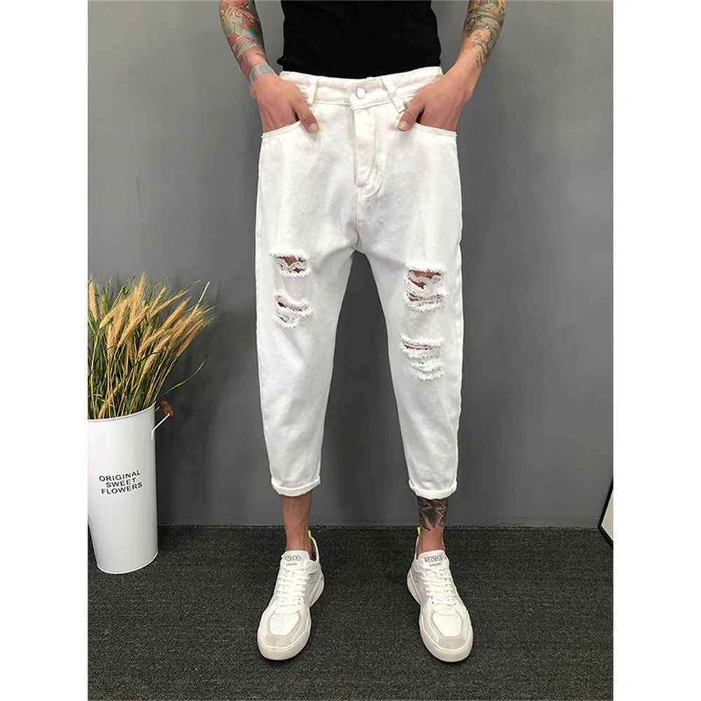 Men's Ripped Hole Jeans White Green Black Ankle Length Youth Fashion