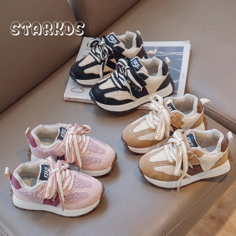 Kids Winter Warm Lambswool Sneakers Brand Design Lace Detail Girls Sport Shoes