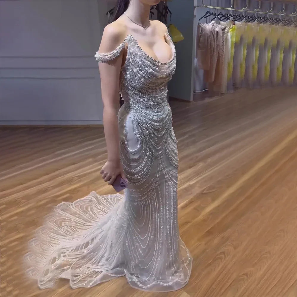 Evening Dresses: White Strapless Mermaid Luxury Evening Dresses Gowns