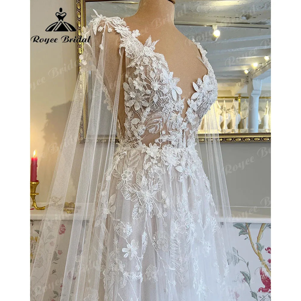 White Bridesmaid Dresses: Lace Floral Fairy Beach Wedding Dress with Deep V Neck