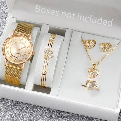 6PCS/Set Fashion Heart Dial Women Watches Plastic Band Quartz Watch Rhinestone Heart Jewelry Set（Without Box）