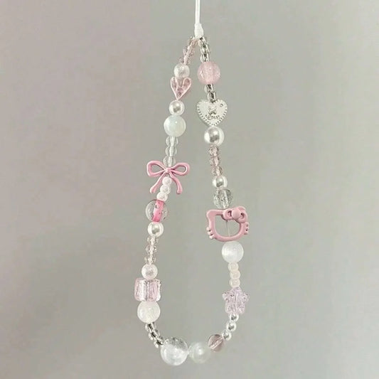 Cute Sanrio Hello Kitty Cat Pink Phone Chain Beaded Chain Keychain Jewelry Camera Hanging Rope Cartoon Kitty Phone Strap Gift