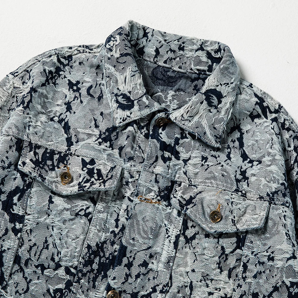 Men Ripped Distressed Denim Jacket Flower Jacquard Weave Embroidery Coat