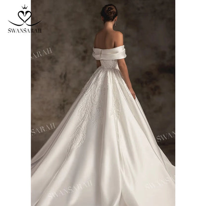 White Bridesmaid Dresses: Wedding Dress Satin Beading A-Line Court Train Princess