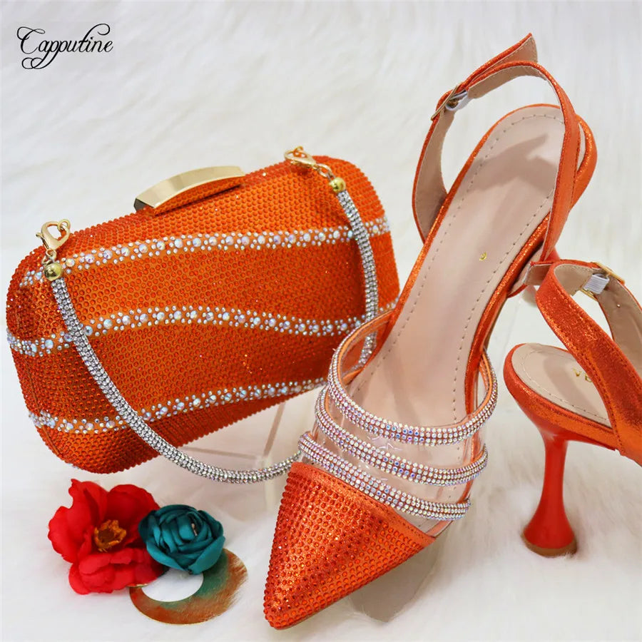 Orange Woman Shoes And Bag Set To Match Luxury Ladies High Heels Pumps With Handbag Sandals Purse Clutch Escarpins Femme CR381