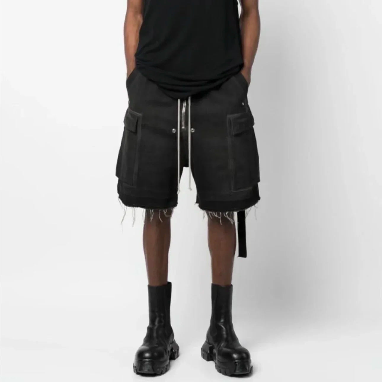 Gothic street jeans with multiple pockets men's shorts wide-legged loose nine-quarter pants knee-length pants loose casual pants