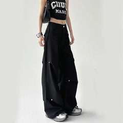 Y2K Black Cargo Pants Women Vintage Loose Wide Leg Pleated Trouser