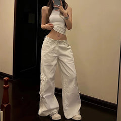 Y2K White Cargo Jeans Women Korean High Waist White Pocket Wide Leg Denim Pants