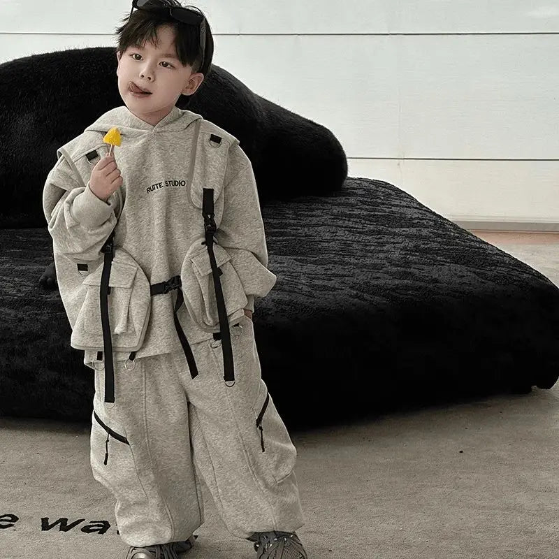 Fashion Boys Suits spring Autumn Pocket Letter Pullover Hooded Top+ Loose Pants 3pcs Kids Sets Casual Sportwear Handsome Clothes