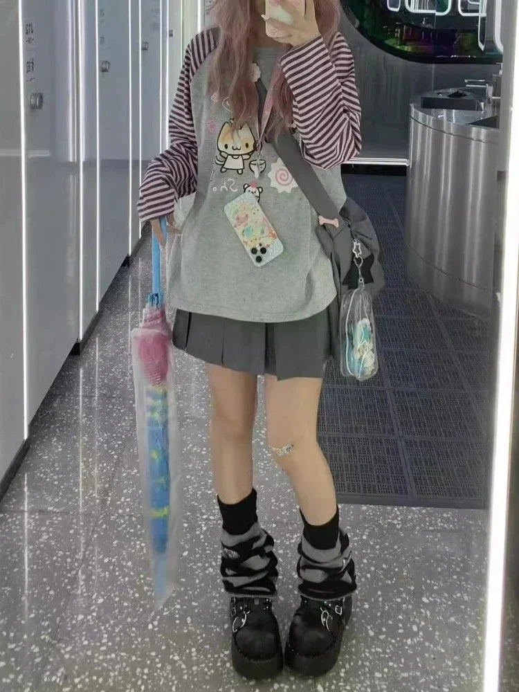 Y2k Harajuku Kawaii Striped Hoodie Women Japanese Fashion Patchwork