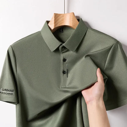 New Men's Business Casual Short Sleeved Shirt with Badge Solid Color Polo Shirt Fashionable Breathable Comfortable Versatile Top