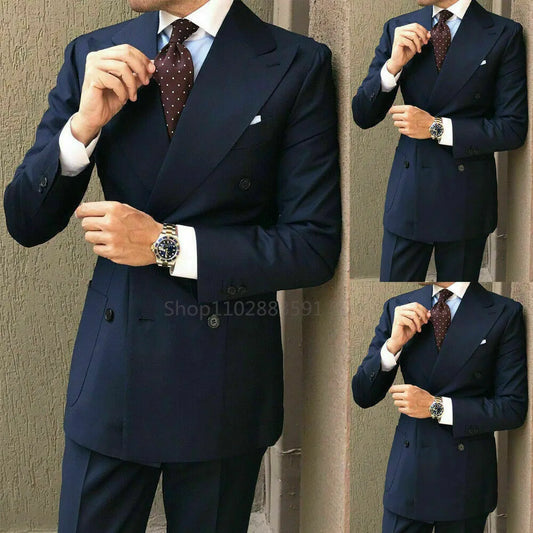 Tuxedo for Mens: Double-Breasted Navy Peak Lapel Blazer Groom Suits Men Suit