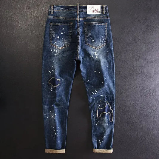 Jeans for Men Straight Cropped Trousers Graphic Motorcycle with Print Pockets Male