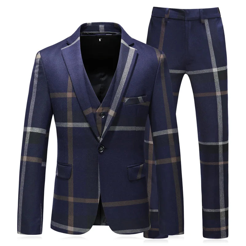 Men Plaid 3 Piece Suit Set Blazer Vest Pants British Style Slim Double Breasted Wedding Dress Jacket Coat Trousers Waistcoat