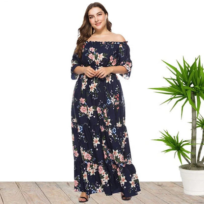 Plus Size Sexy Off Shoulder Floral Print Bohemian Summer Holiday Dresses For Women