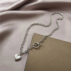 Punk Thick Lock Chain Heart Shape Pendant Choker Necklace for Women Retro Silver