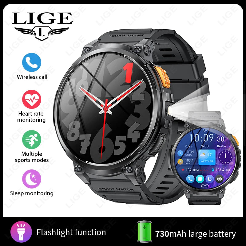 LIGE 1.85” HD Screen LED Flashlight Smart Watch Men 730mAh Large Battery BT Call Man Bracelet Waterproof Fitness Men Smartwatch