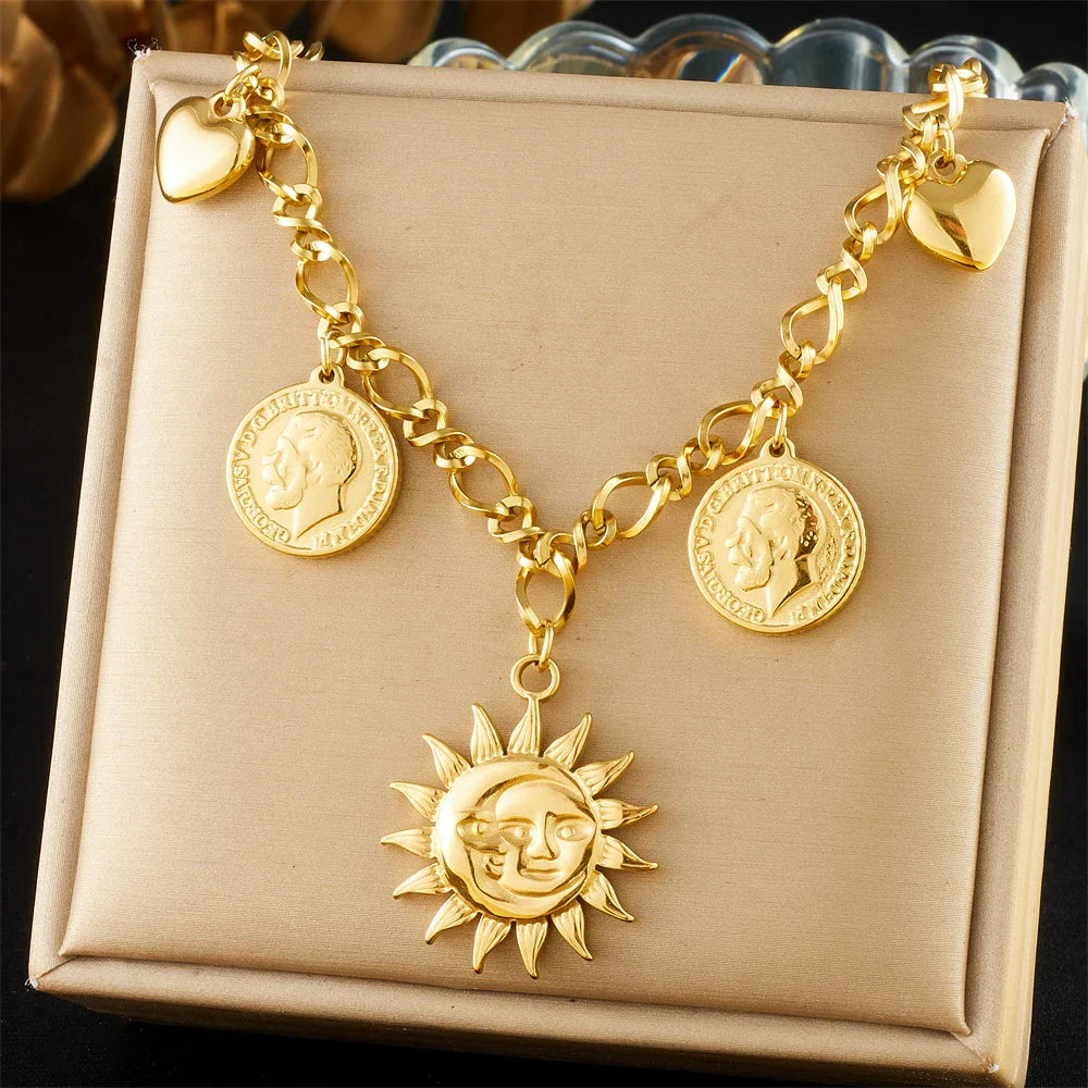 DIEYURO 316L Stainless Steel Golden Trendy Starfish Moon Sun Shaped Pendant Necklace For Women Romantic Neck Chain Holiday Gift