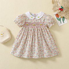 Summer Little Girl Short Sleeve Smocked Floral Dress Frock For 1 2 3 4 5 Years Girl