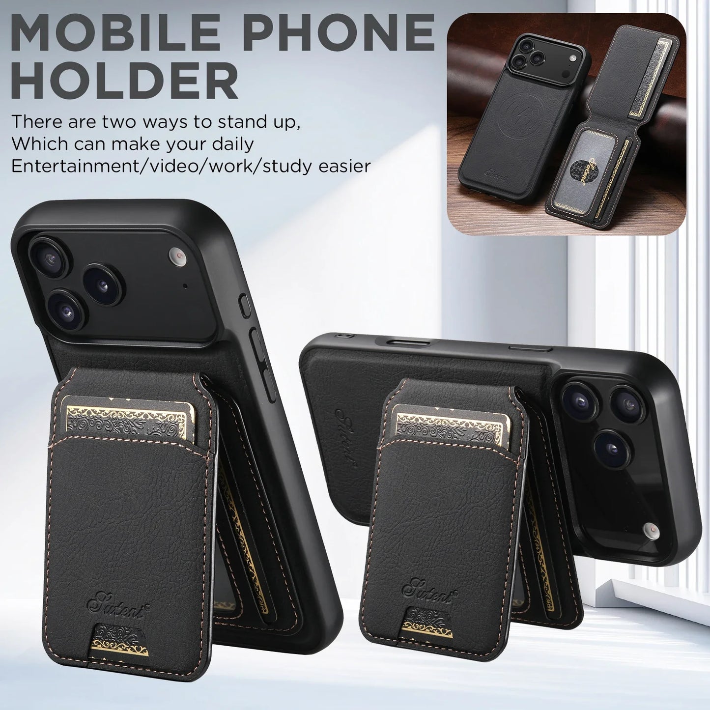 SUTENI Wireless Charging Phone Case Magnet Card Holder Stand Faux Leather For iPhone 17 Pro Max 16 Plus 15 14 13 12