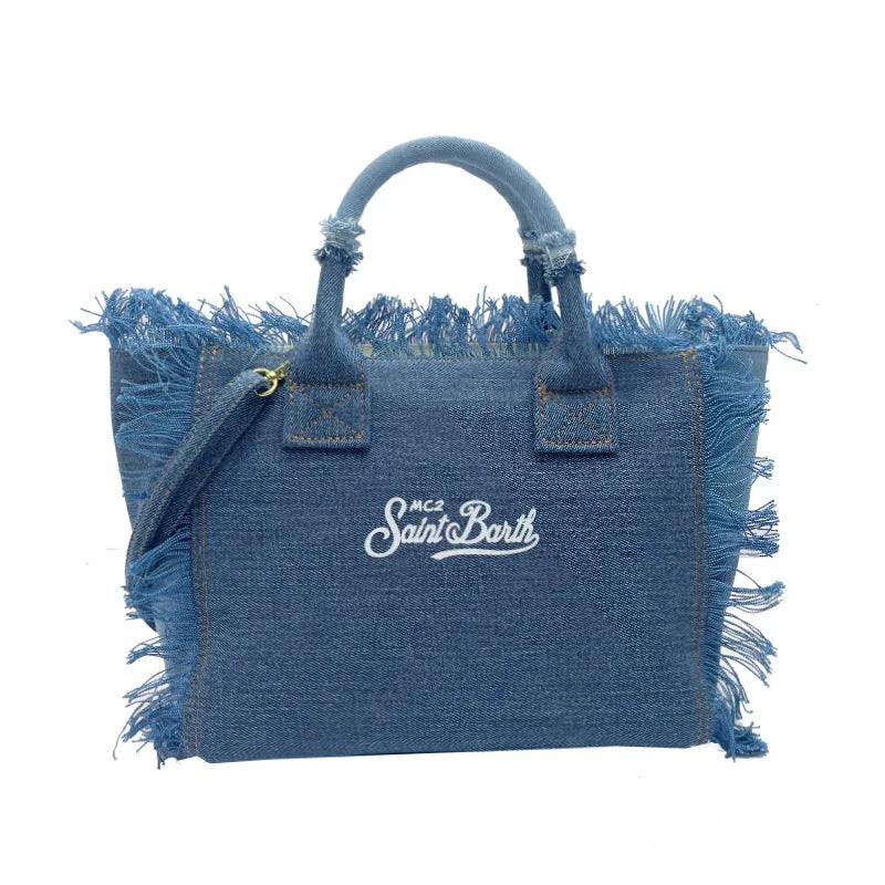 Bag for women's travel, solid color denim, small size, handmade tassel handbag