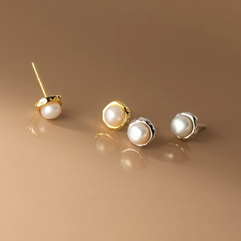 WANTME 925 Sterling Silver Simple Natural Baroque Pearl Korean Stud Earrings for Women Fashion Moon Surface Statement Jewelry
