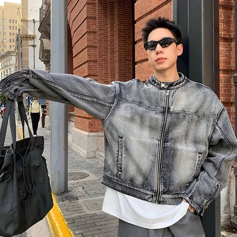 High Street Black Wash Denim Jackets Men Woman Vintage Loose Zipper Design