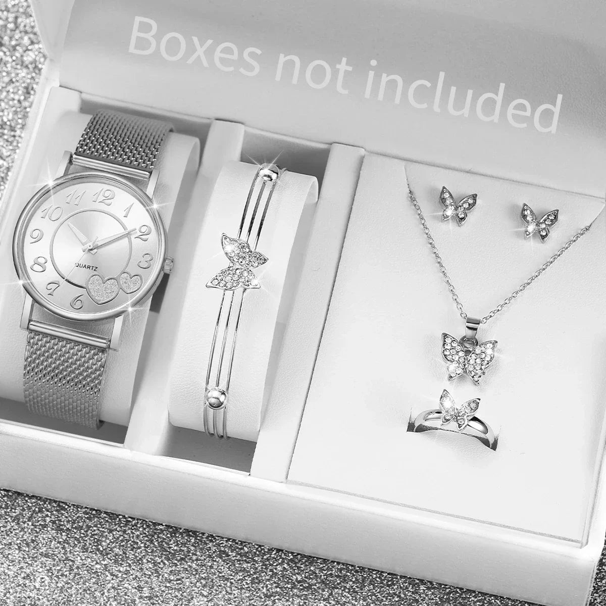 6PCS/Set Fashion Heart Dial Women Watches Plastic Band Quartz Watch Rhinestone Heart Jewelry Set（Without Box）