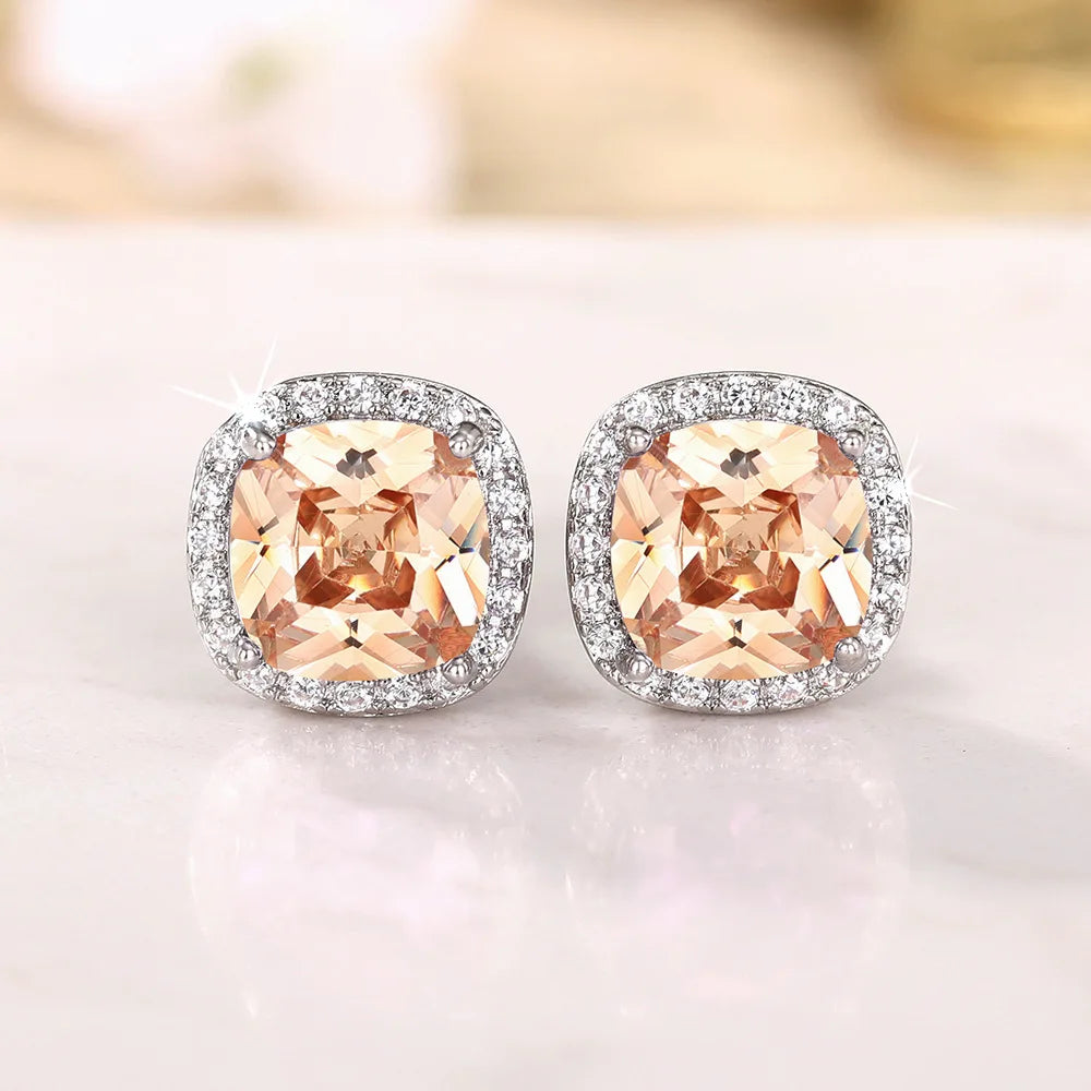 Ne'w Bright White/Yellow/Pink CZ Stud Earrings for Women Fashion Contracted Jewelry High Quality Wedding Engagement