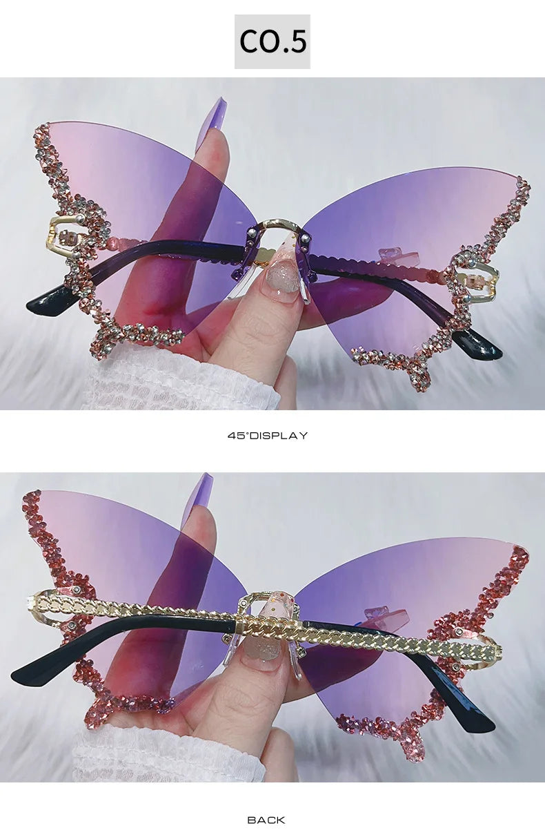 Luxury Party Sunglasses Women Butterfly Diamond Rhinestones Personality Flash Shades Tint Color Travel Blogger Glasses