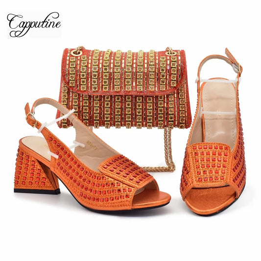 Orange Women Stones Shoes And Bag Set African Ladies Summer Sandals Match With Handbag Femmes Sandales Scarpe Da Donna 938-77