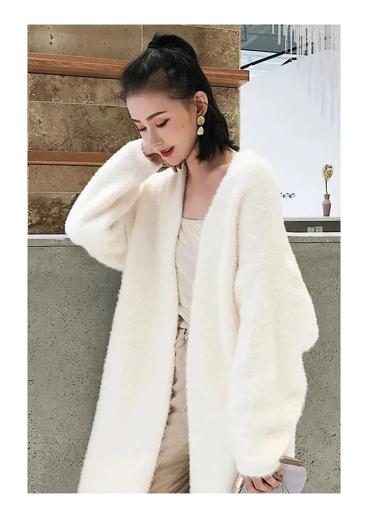 white Long Cardigan for women winter clothes Knitted fluffy long sleeve Cashmere