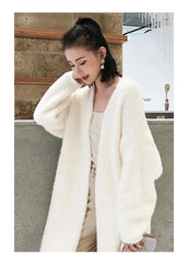 white Long Cardigan for women winter clothes Knitted fluffy long sleeve Cashmere