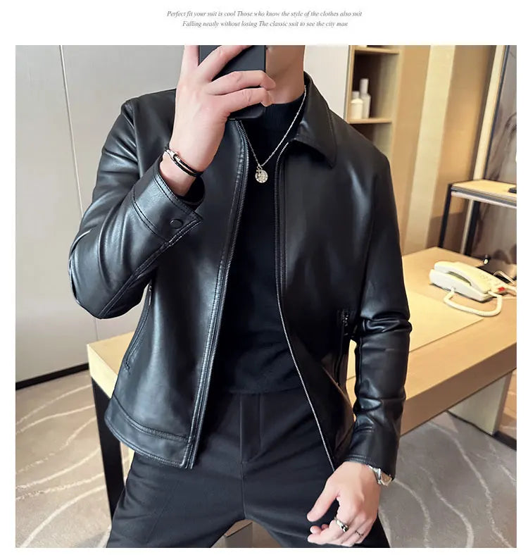Men Bomber Leather Jacket Anti-wind Lapel Solid Casual Slim Fit Jacket