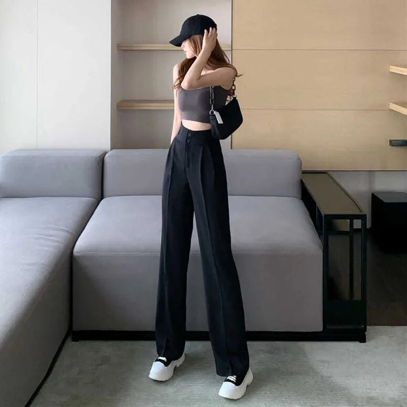 Black White Women Straight Pants Korean Fashion High Waist Wide Leg Trousers