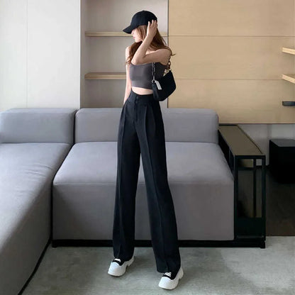 Black White Women Straight Pants Korean Fashion High Waist Wide Leg Trousers