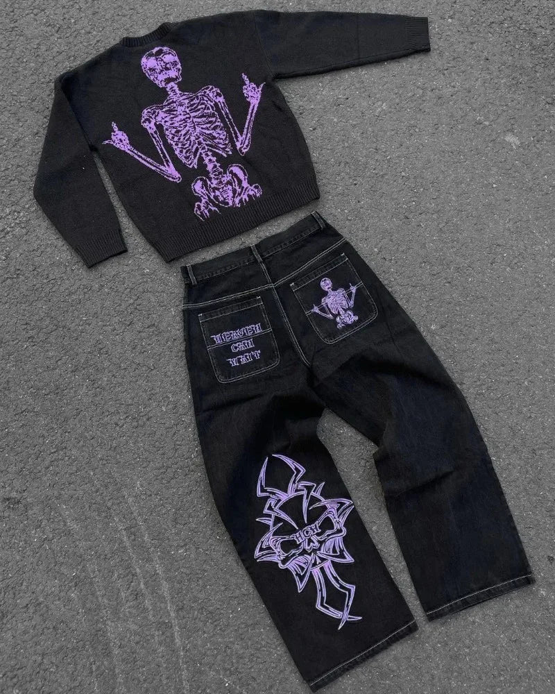 Harajuku Y2K men jeans vintage goth  Skull Embroidery Washed wide leg jeans streetwear