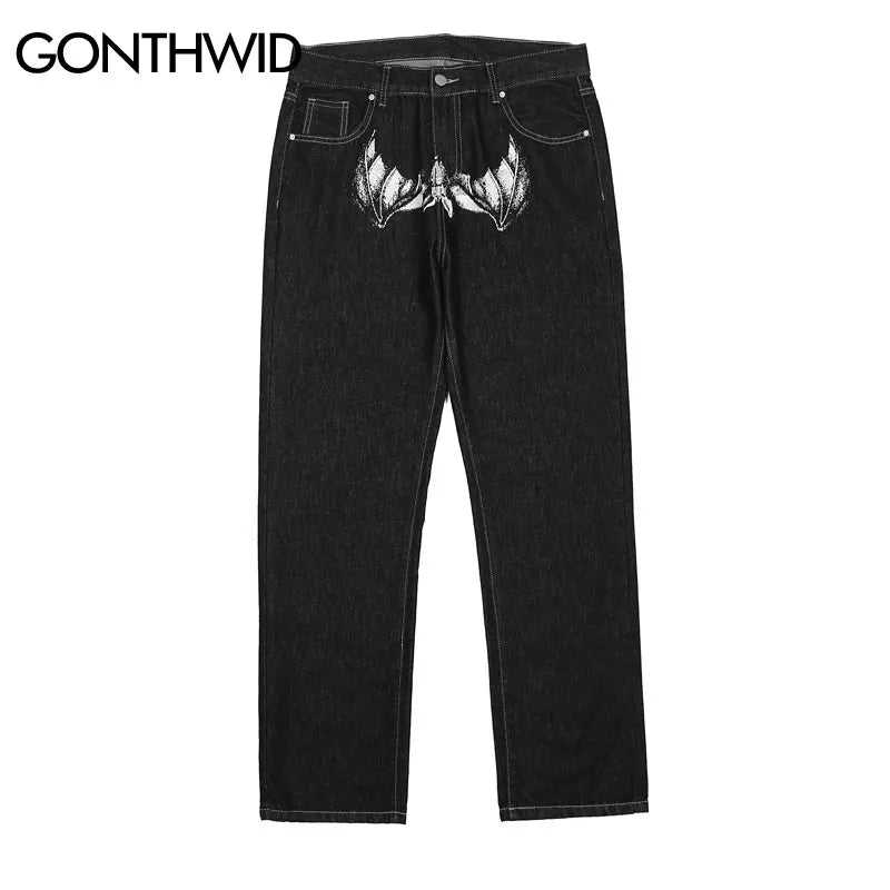 Hip Hop Gothic Denim Pants Streetwear Mens Graphic Print Baggy Punk Rock Jeans