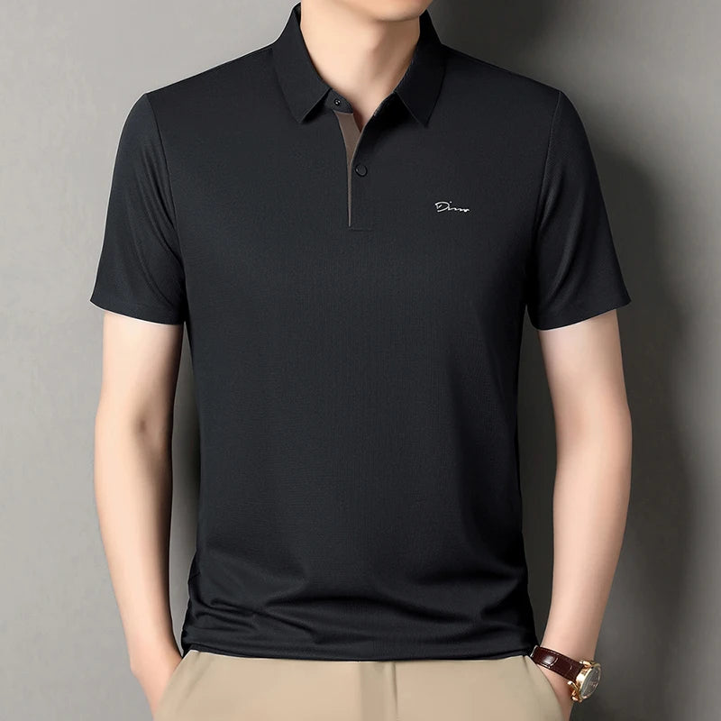 Summer seamless ice silk short sleeved T-shirt, polo shirt, flip collar, casual elastic top, breathable thin half sleeve